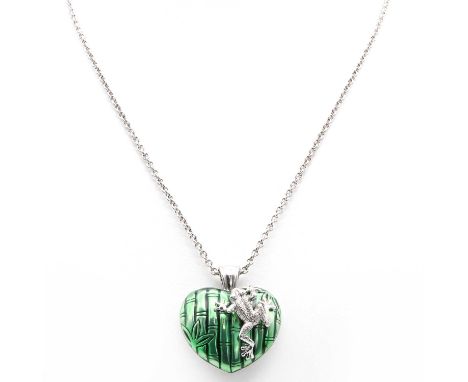 A sterling silver enamelled 'Alias' frog necklace, by Theo Fennell, c.2013,a puffed heart with bamboo and leaf decoration, wi