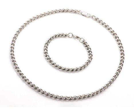 A 9ct white gold bracelet and chain set,the fancy link chain, 460mm in length, to a side lever clasp. The matching bracelet, 