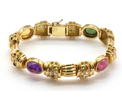 A gold and vari-coloured gemstone bracelet, designed as a row of alternating reeded and diamond set hollowed links, spaced by