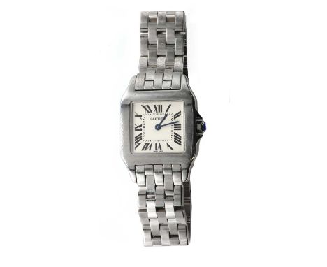 A ladies' stainless steel Cartier Santos Demoiselle quartz bracelet watch,26mm case, with a silvered dial, black Roman numera