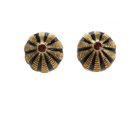A pair of 'Taj Mahal' enamel and ruby earrings, by Jean Schlumberger for Tiffany &amp; Co.,of circular bombé form, with a rou
