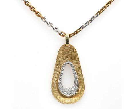 A two colour gold diamond abstract design pendant,with an open drop shaped raised plate, with graduated round brilliant diamo