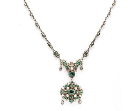 An early 20th century Austro-Hungarian silver gilt gem set necklace, the necklace with a circular cut green garnet and glass 