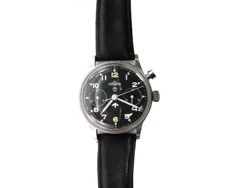 A gentlemen's stainless steel British Royal Navy Lemania single-button chronograph watch, ref. 6B/551. A circular case, 38mm 