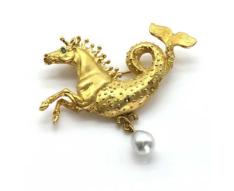 An 18ct gold and baroque pearl hippocampus brooch, by Harriet Glen,in the form of a hippocampus or mythical seahorse, with th