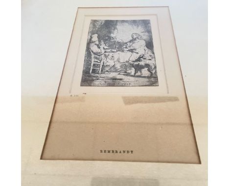 A Rembrandt van Rijn (1606-1669) Christ at Emmaus etching. Approximately 7cm x 10cm. Marked H.121 REMBRANDT to mount. In an e