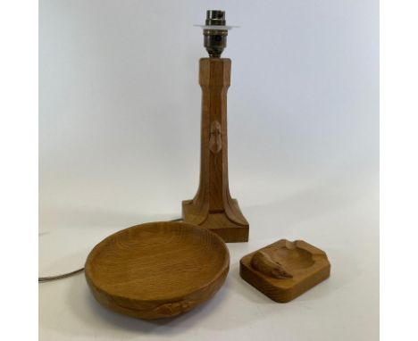 Robert "Mouseman" Thompson carved nut bowl, table lamp base and ashtray. Approximate dimensions: bowl diameter: 16.5cm, lamp 