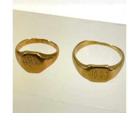 Two 18ct yellow gold signet rings. Sizes M and T. Approximate total weight 13.3 grams. Wear and bending to larger ring