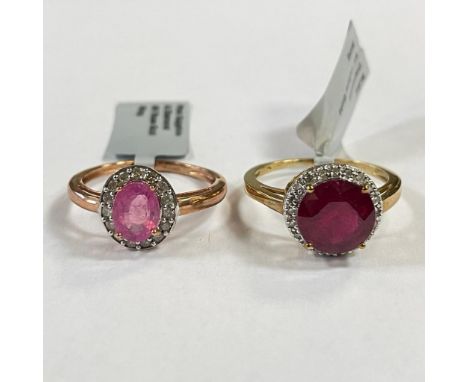 Two 9ct gold dress rings: a 9ct yellow gold ruby and diamond cluster ring, size R; and a 9ct rose gold pink sapphire &amp; di