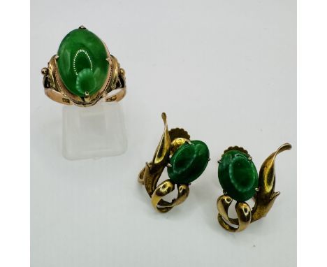 A collection of Chinese made jadeite jewellery. Comprising a pair of screw back earrings in precious yellow metal, marked wit