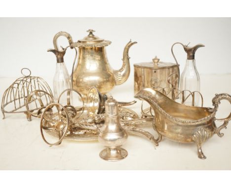 Mixed selection of early Sheffield plate to include a tea caddy with coat of arms, teapot with coat of arms & a selection of 