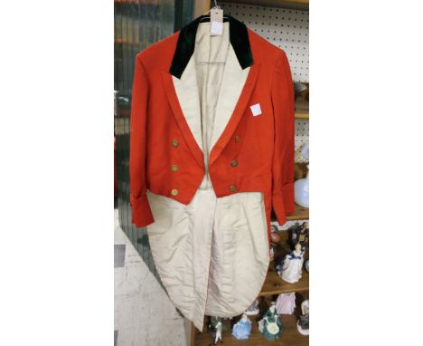 HUNTING COAT & BUTTONS a red hunting coat, with 6 large and 4 small matching brass buttons with initials.