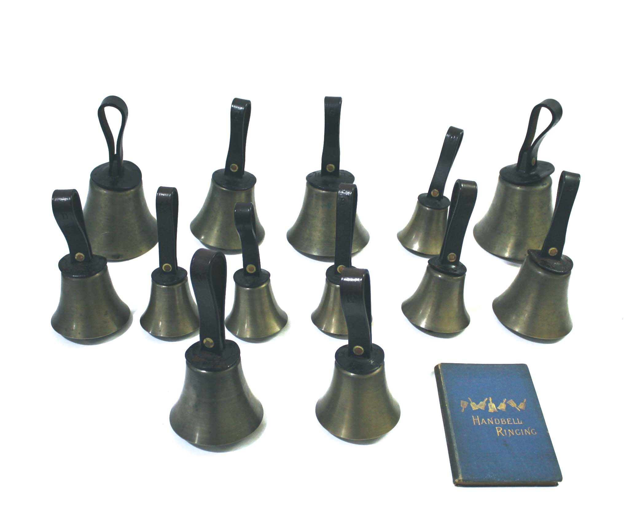 COLLECTION OF HAND BELLS MEARS a collection of 13 brass hand bells