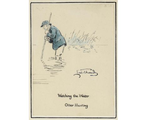 LIONEL EDWARDS - OTTER HUNTING DRAWING a pen and ink drawing titled Watching the Water Otter Hunting, mounted on card and fra