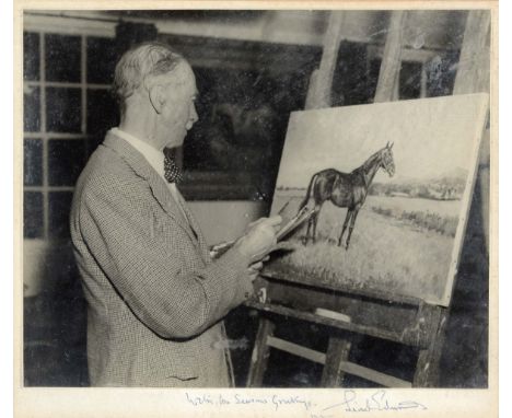 SIGNED PHOTOGRAPH OF LIONEL EDWARDS a photograph of Lionel Edwards painting a portrait of a Horse, signed in the margin  With