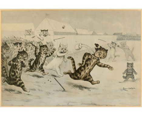 LOUIS WAIN ITEMS - POSTCARDS including a large framed Louis Wain print titled Welsher, an album containing various Louis Wain