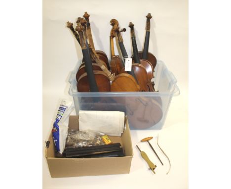 TEN PART VIOLINS & VIOLIN MAKING TOOLS including 10 part violins, finger boards, chin rests etc. Also with 3 Violin making to