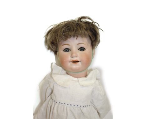 WILLIAM GOEBEL BISQUE HEAD DOLL an interesting doll with weighted blue eyes and open mouth. Marked, Goebel monogram mark, B1-