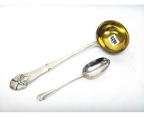 A European soup ladle detailed GOWE SILBER 90 and a silver bottom marked Hanoverian pattern tablespoon, circa 1760.