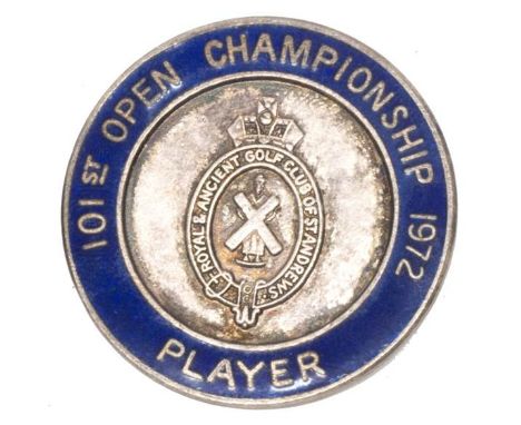 An enamel golf badge/players medal for the 101st open championship 1972, signed to the rear by Jack Nicklaus, 3.7cm diameter.