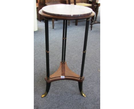 A walnut, simulated bronze and gilt metal mounted gueridon, with pink variegated marble top on twin column supports united by