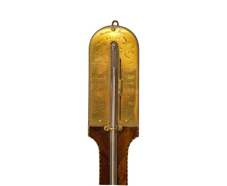 A mahogany and chequer strung stick barometer by James Moore, 19th century, with engraved brass plate and oval half block cis