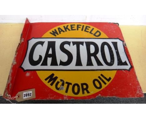 A vintage enamel motoring sign, early 20th century, detailed 'CASTROL WAKEFIELD MOTOR OIL', double sided with wall mount, 50c