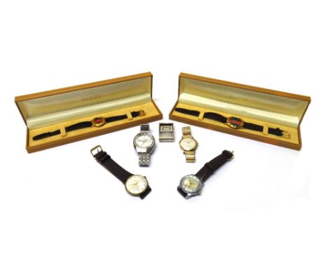 A gentleman's 9ct gold circular cased Rotary wristwatch, on an expanding gold back and front bracelet, a rectangular silver c