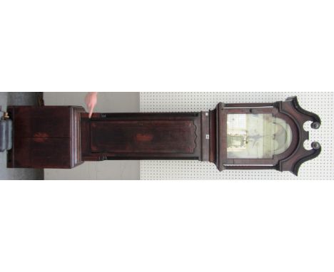 An 18th century oak, mahogany and inlaid eight day long case clock, the 12" arched painted dial with revolving moon phase and