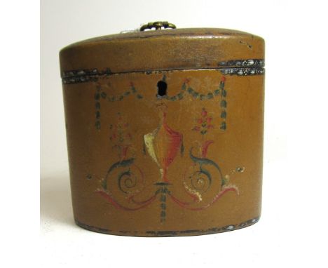 A George III and later, painted oval papier-mâché tea caddy, 13cm wide. 