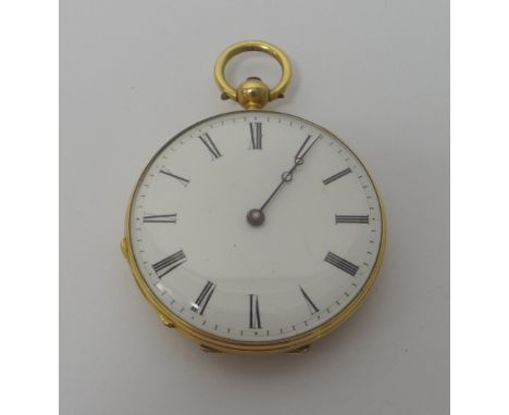 A ladies gold cased, key wind openfaced fob watch, with a gilt jeweled cylinder movement, gilt metal inner case, the enameled