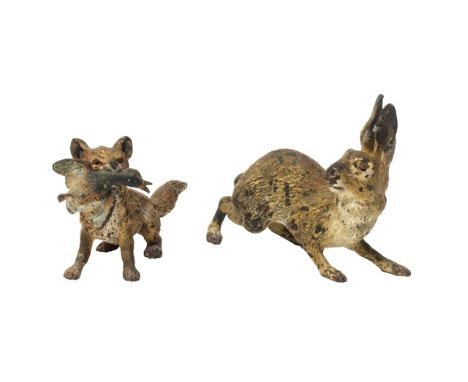 An Austrian cold painted bronze model of a hare, early 20th century, indistinct stamp to underside (5cm high) and a smaller A