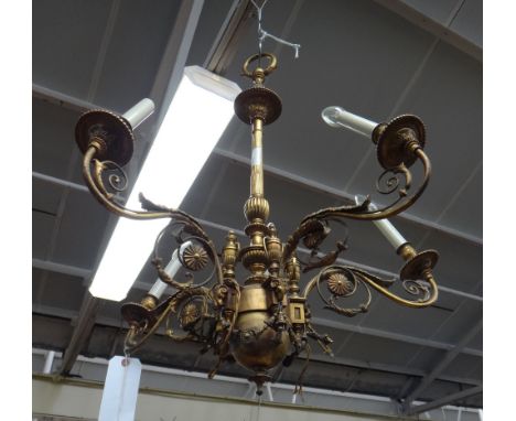 An Edwardian gilt bronze five light chandelier, early 20th century with rams head and urn mounts, 81.5cm high. 