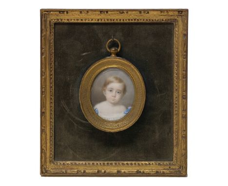 C. Kaye (19th century Continental School), portrait of a young girl in white and blue trimmed top, watercolour on ivory, sign