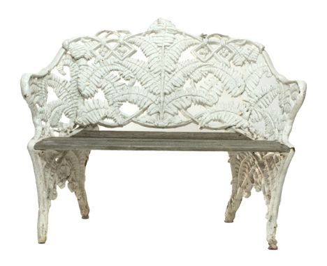 A white painted cast iron Fern & Blackberry garden bench after a design by Coalbrookdale, 117cm wide. 