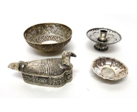 Foreign and Eastern wares, comprising; a small shaped circular bowl, mounted with a five Korona 1900, an Eastern box, modelle