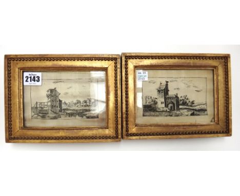 A pair of 19th century silkwork pictures depicting Architectural landscapes and housed in glazed and gesso frames (19.5cm wid