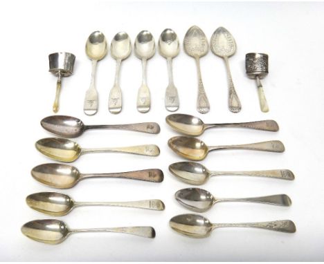 A pair of Victorian Old English pattern preserve spoons, with engraved decoration, London 1885, two caddy spoons, having moth