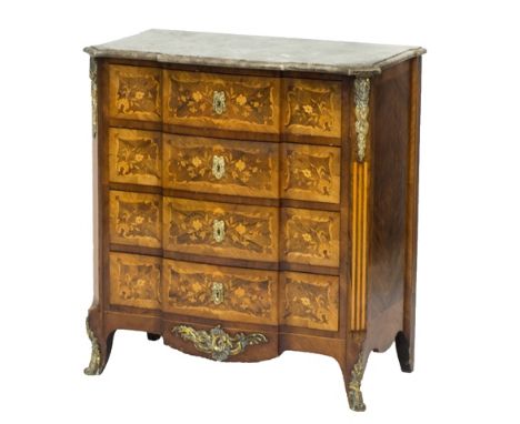 A 19th century French gilt metal mounted commode of 18th century design, with four marquetry inlaid rosewood and mahogany bre