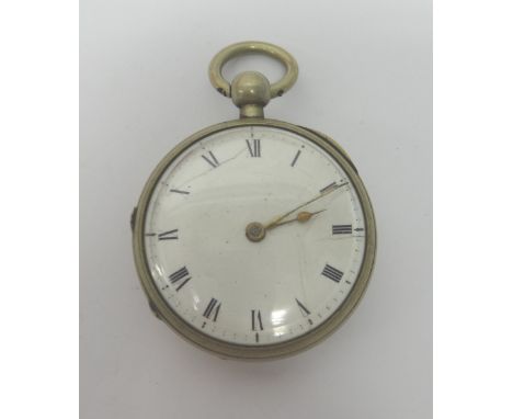 A gentleman's base metal cased, key wind openfaced pocket watch, the gilt fusee movement with a verge escapement, detailed to