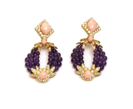 A pair of gold, diamond set, coral and amethyst bead pendant earrings, each top mounted with an oval coral within a lozenge s