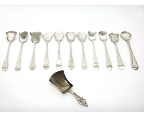 Silver, comprising; a Victorian tea caddy spoon, the bowl of shovel form, the handle with pierced and engraved decoration, Bi
