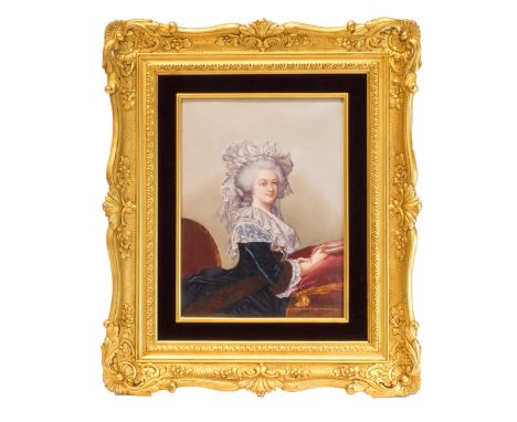 A French porcelain portrait plaque dated 1894, attributed to Limoges, painted with a portrait of a finely dressed lady restin