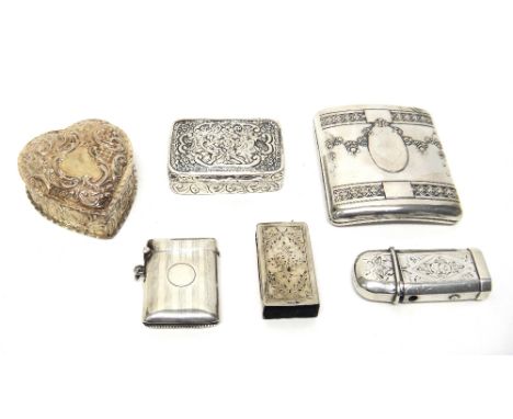 A silver heart shaped hinge lidded trinket box, with scroll embossed decoration, Chester 1901, a rectangular hinge lidded snu