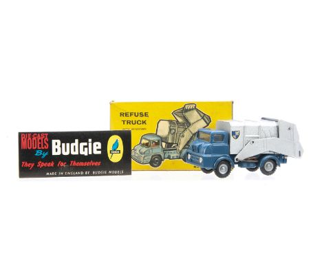 A Budgie Toys No.274 Ford Thames Refuse Truck, blue cab with windows, silver body, silver plastic hubs, in original box with 