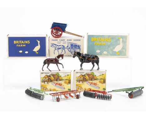 Britains individually boxed 'duck and egg' era Farm Implements comprising 9F Horse Roller with man (missing man),  40F Farm C