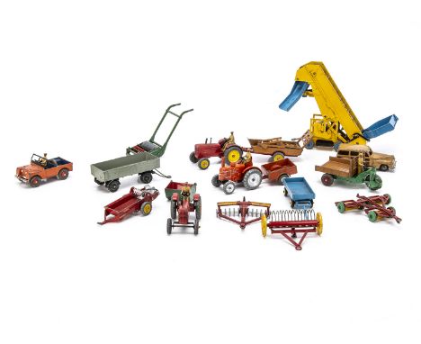 Dinky Toy Farm and Garden Models, including 301 Field Marshall Tractor, Massey-Harris Tractor (2), Moto-Cart, Land Rover, Est