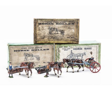 Britains boxed pre WW2 version horse-drawn farm implements comprising 8F Horse Rake, 9F Horse Roller (2), all models slightly