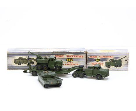 Dinky Supertoys 660 Tank Transporter, 661 Recovery Tractor, in original boxes, with loose 651 Centurion Tank, F-G, boxes P-F 