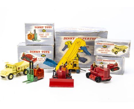 Dinky Toy Construction Vehicles, 965 Euclid Rear Dump Truck, 401 Coventry Climax Fork Lift, 963 Heaby Tractor, 961 Blaw Knox 